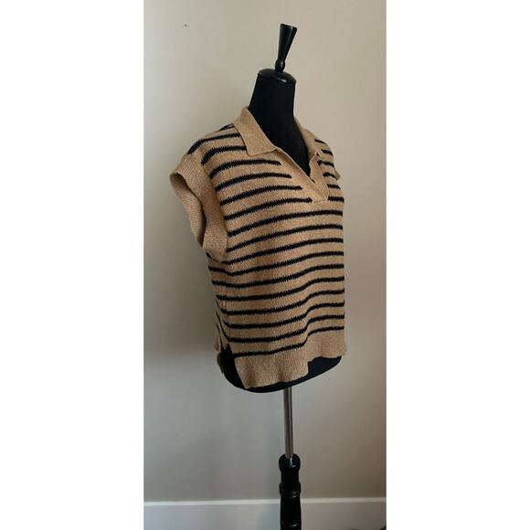 PROMESA Women's Cut Tan Black Striped Collared V Neck Knit Sweater Size M - Picture 2 of 8